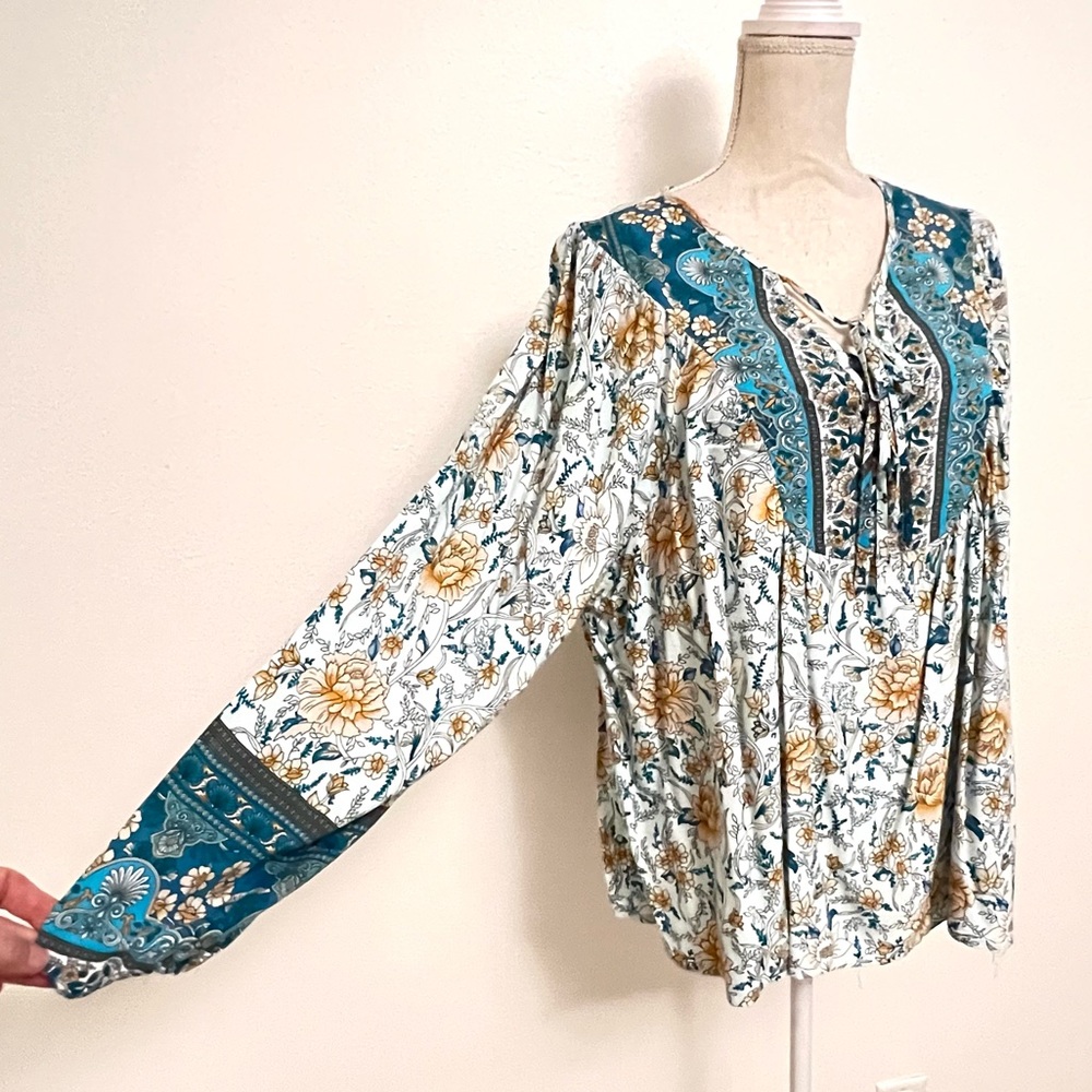 Floral Bohemian Blouse - Teal, Aqua and Yellow